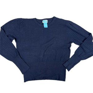 Survival Womens Sweater Size Medium Crochet Leaf Open Knit Navy Blue Long Sleeve